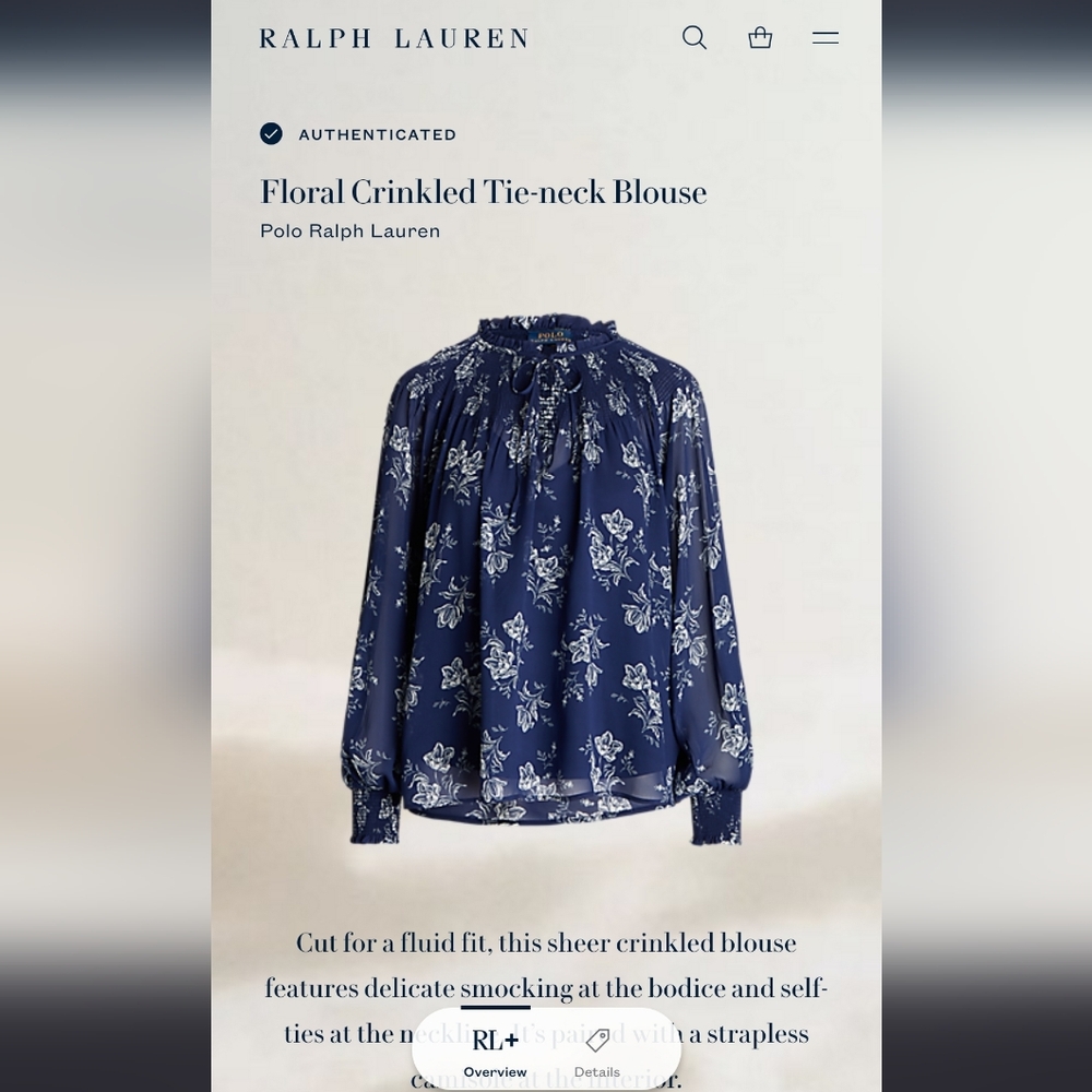 Polo Ralph Lauren Floral Crinkled Tie Neck Blouse, Blue Large - Picture 6 of 6
